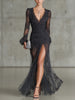 Elegant Lace Dress with V-Neck and Leg Slit