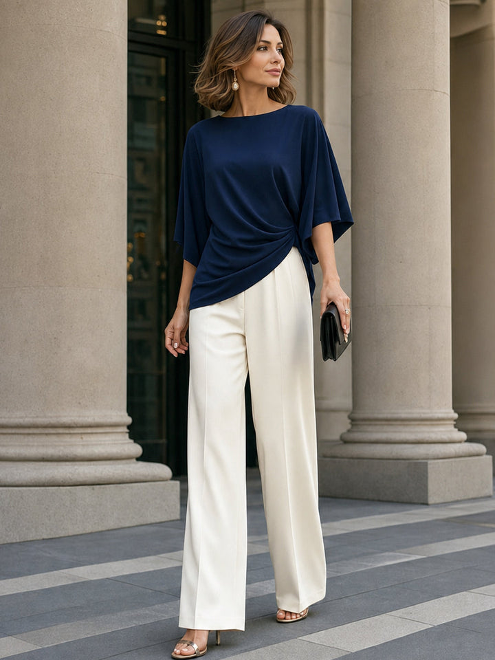Draped Blouse and Wide-Leg Pants – Two-Piece Set