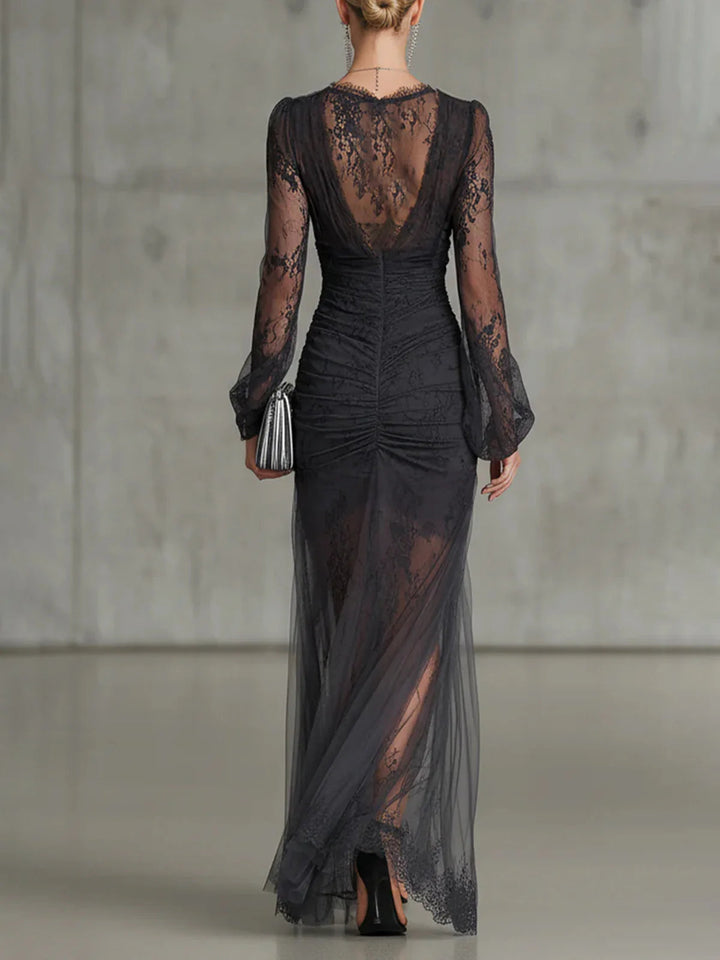 Elegant Lace Dress with V-Neck and Leg Split