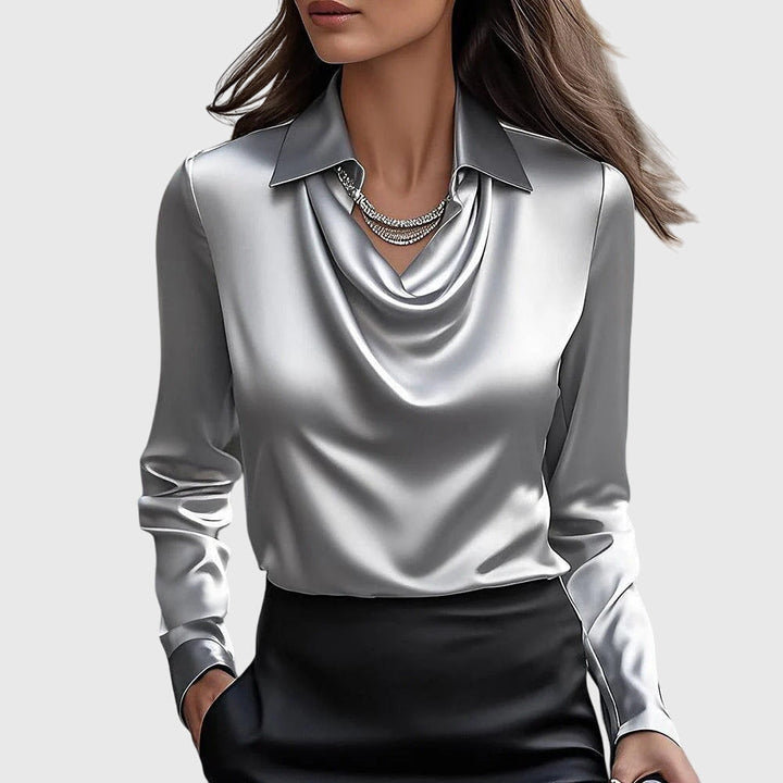 Women's satin blouse with waterfall neckline - long-sleeved collared top for work and evenings
