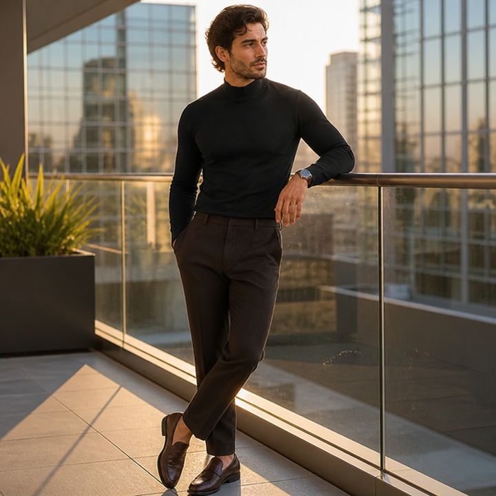 Men's slim-fit long-sleeved top with fold-over high collar