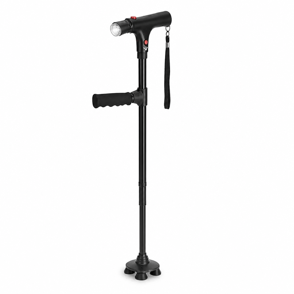 Lightweight Folding Aluminum Walking Stick with 4-Point Base, LED Light and Alarm