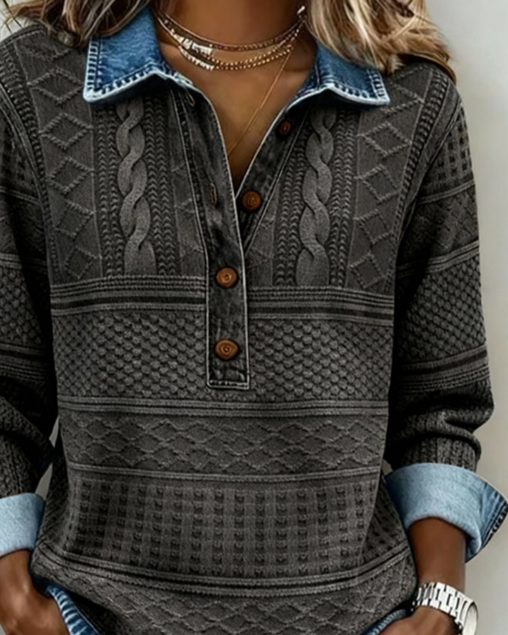 Women's Sweatshirt with Shirt Collar and Patterned Button Placket