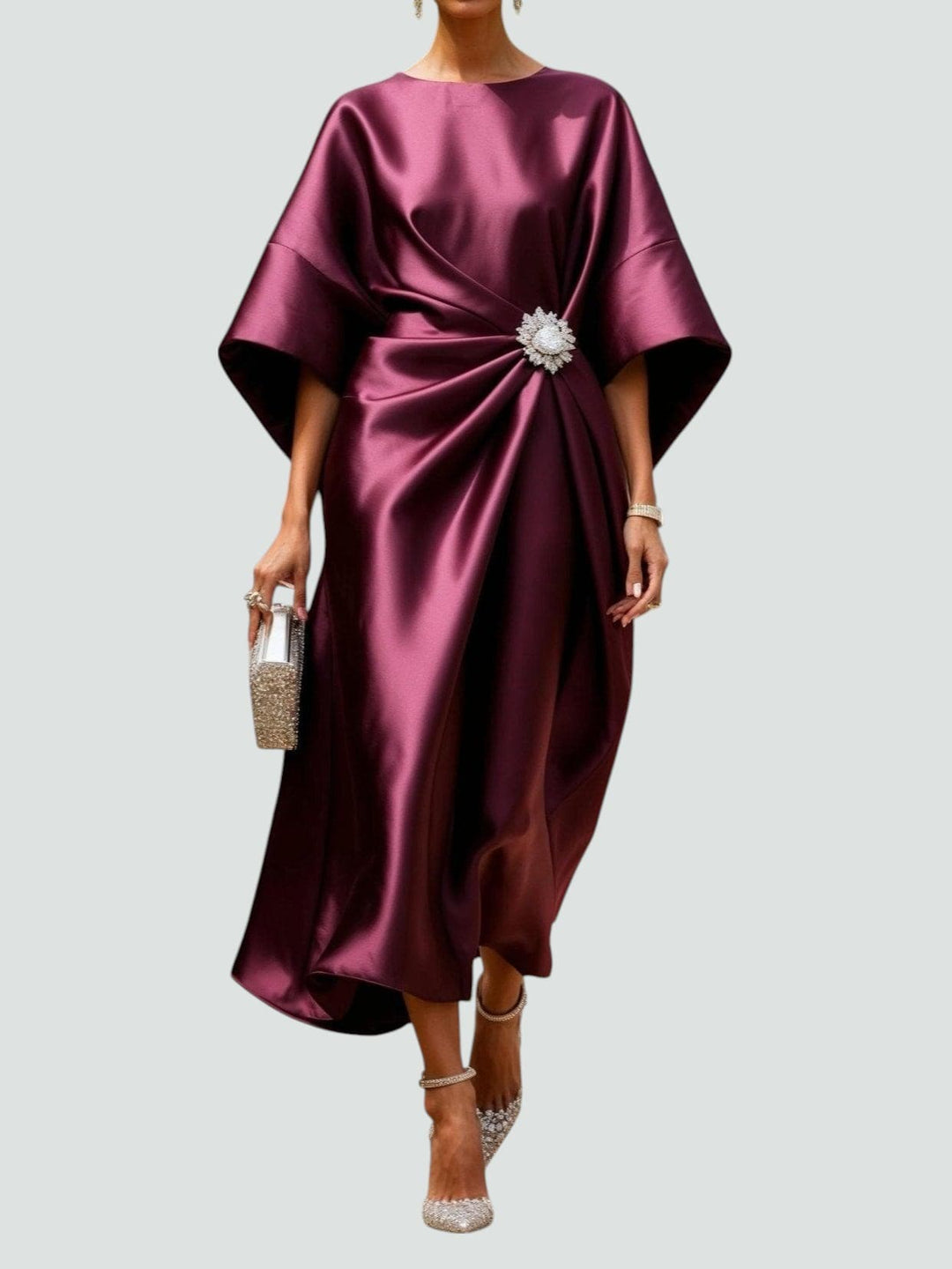 Women's Maxi Dress with Draped Brooch – Evening Dress with Cape Sleeves for Formal Occasions