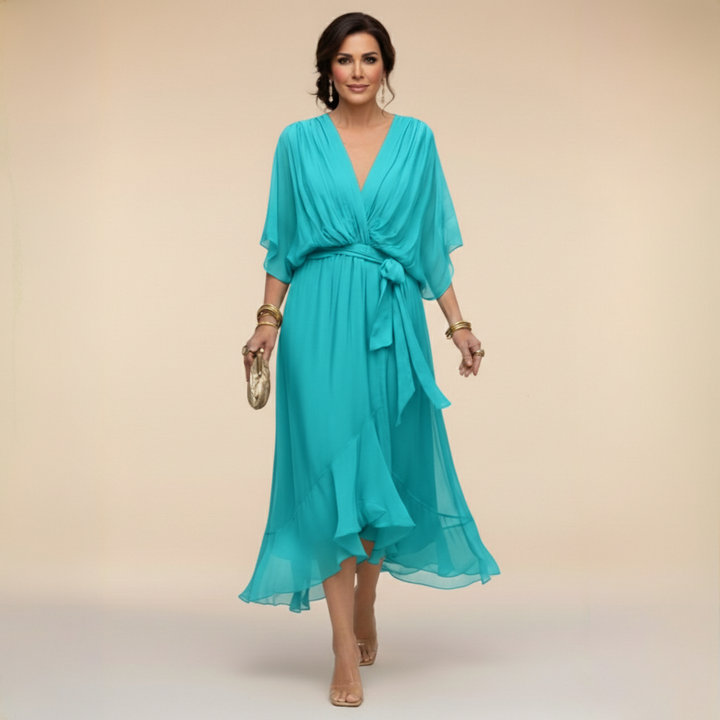 Elegant, flowing women's midi dress – V-neck & adjustable waist