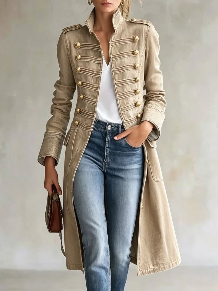 Women's long military-style double-breasted coat with officer collar