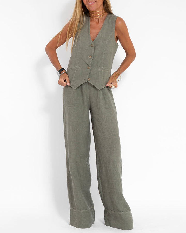 Linen 2-Piece Set with Wide-Leg Pants and Waistcoat – Alma