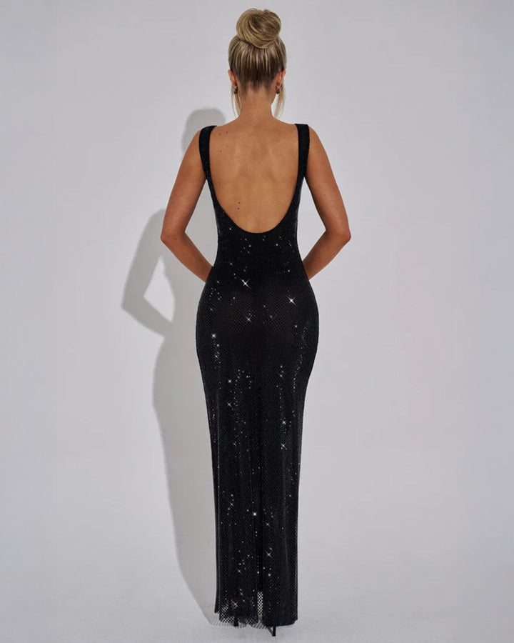 Rhinestone Maxi Dress with Square Neckline – Figure-Hugging Evening Dress