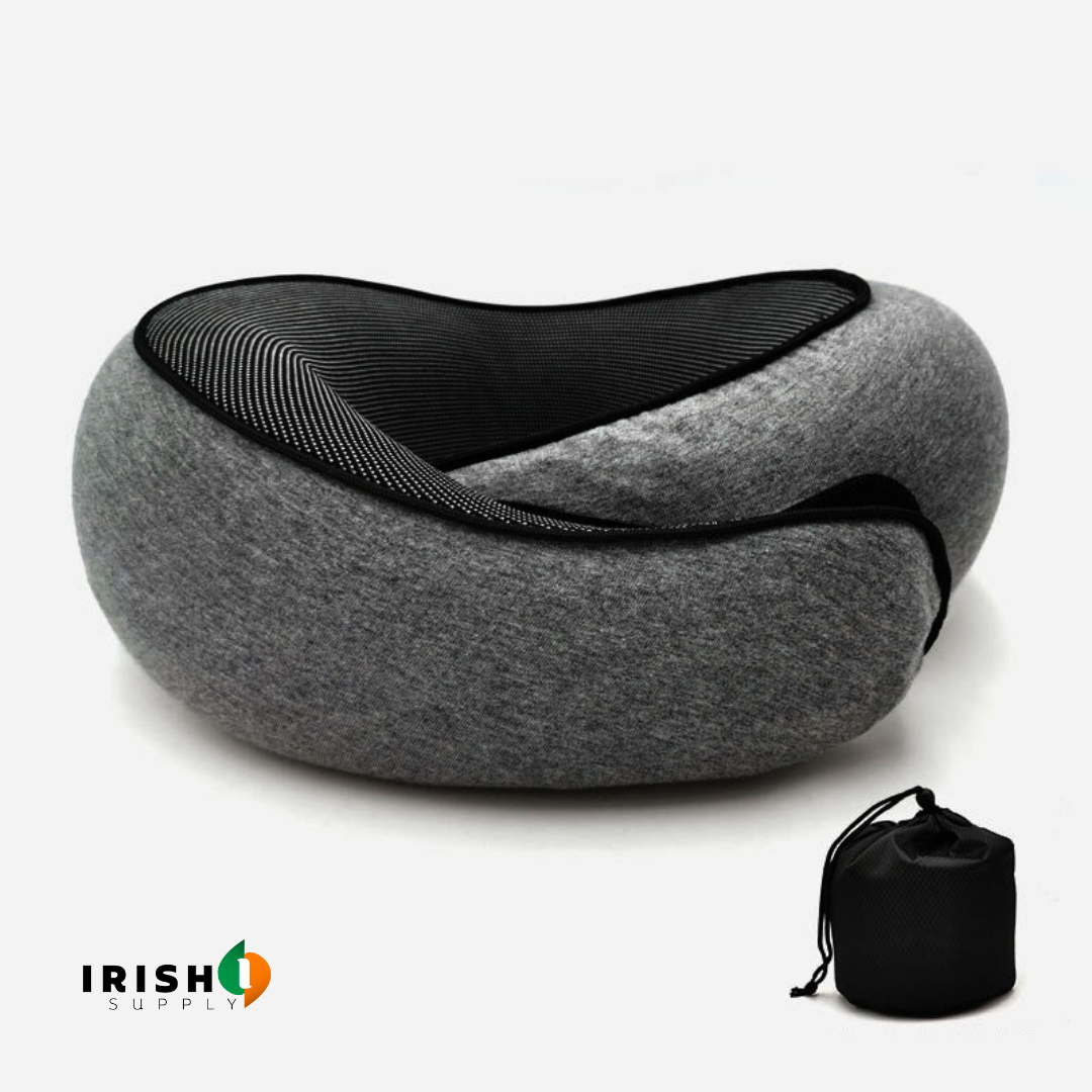 Front-support neck travel pillow with memory foam and fastener for sleeping on a plane