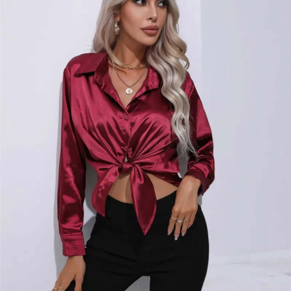Women's Satin Loose Fit Long Sleeve Blouse