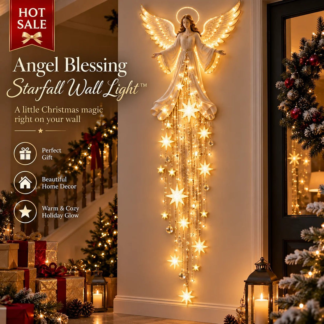Christmas angel wall lamp with halo and falling stars, warm white