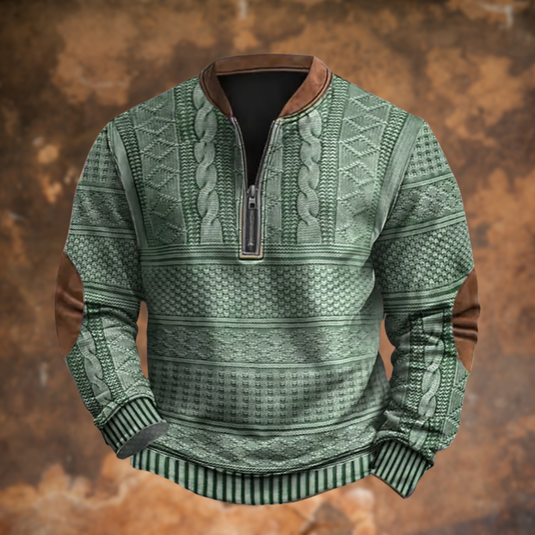 Men's Knitted Sweater with Half Zip and Elbow Patches