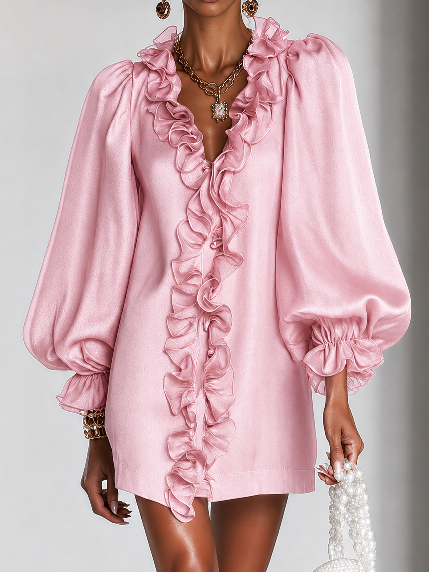 Elegant Mini Dress with Ruffles, Puff Sleeves and Subtle Shimmer
