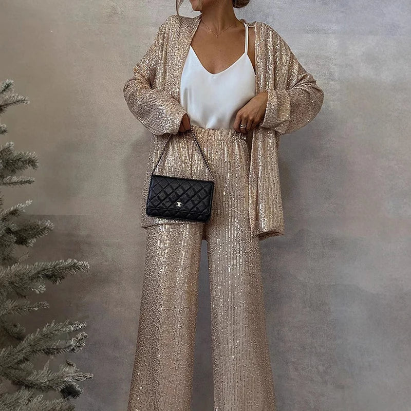 Two-Piece Sequin Set with High-Waisted Pants