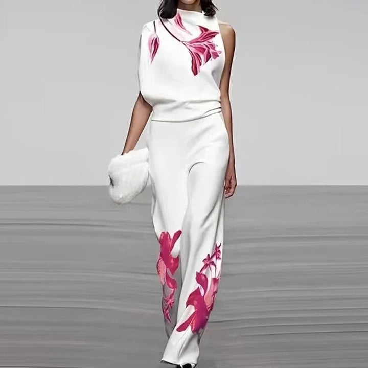 Sleeveless Two-Piece Printed Set with High Collar