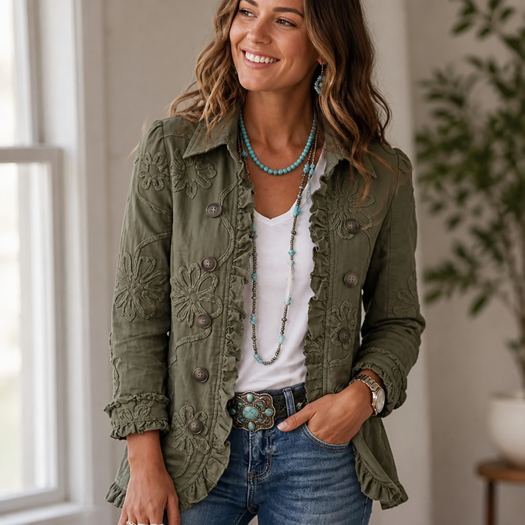 Floral Embroidered Utility Jacket – Vintage Boho Style with Ruffle Trim