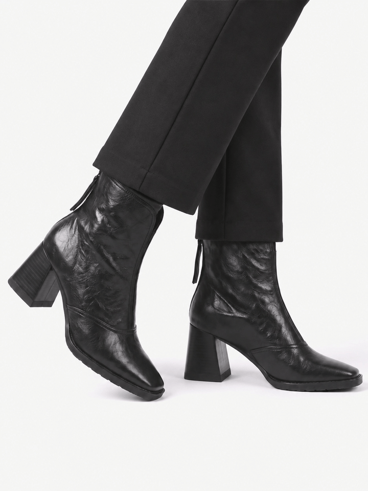 Women's Leather Zip Ankle Boots with Block Heel