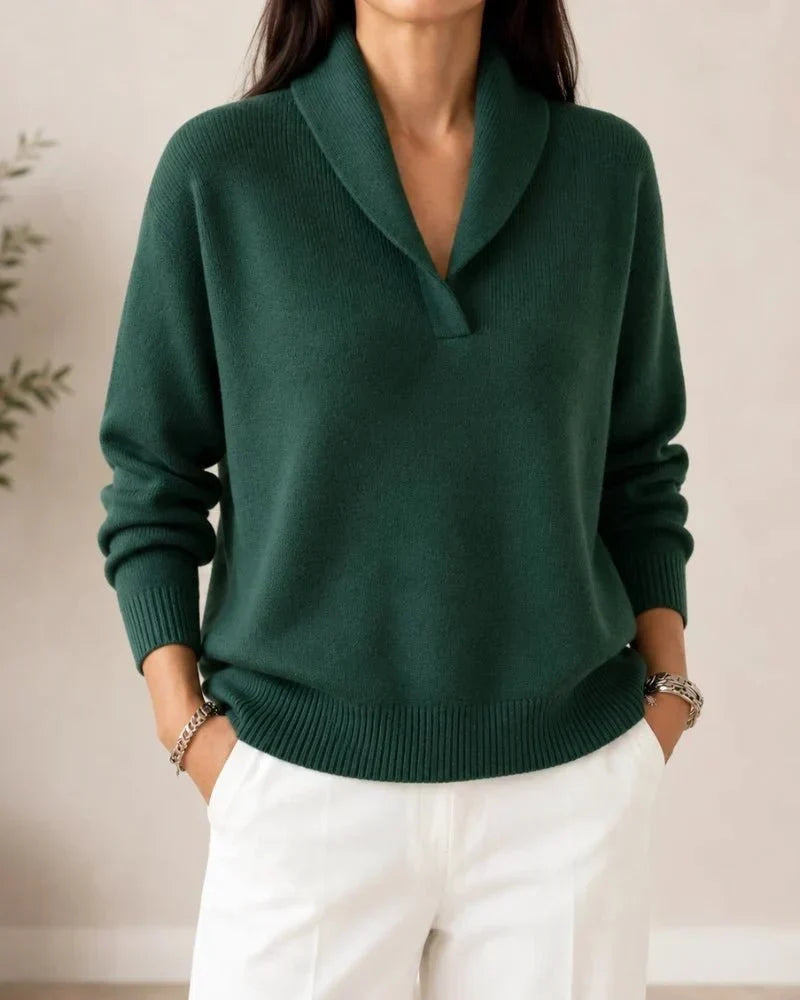 Soft V-Neck Sweater with Cowl Collar