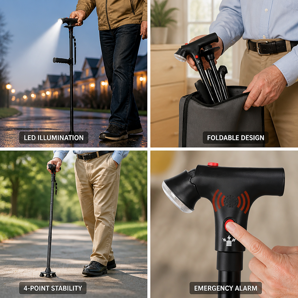 Lightweight Folding Aluminum Walking Stick with 4-Point Base, LED Light and Alarm