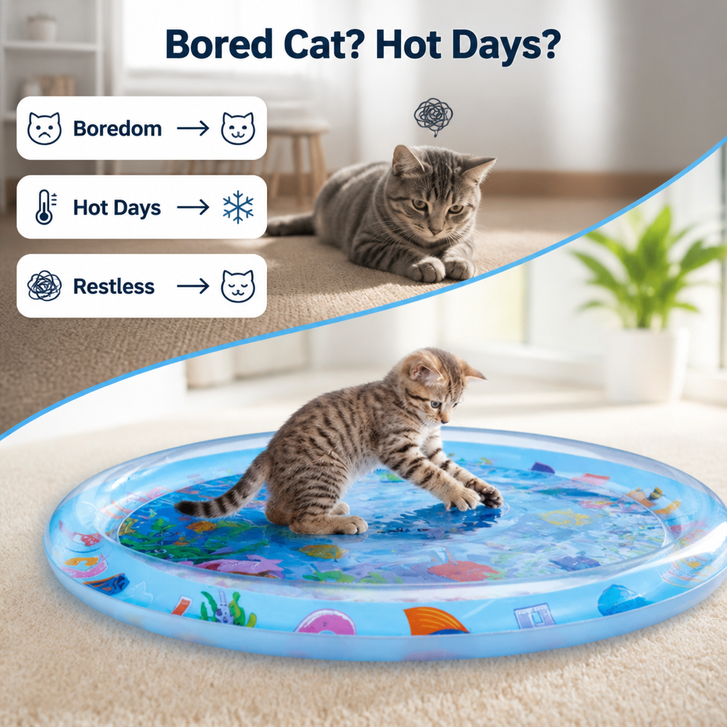 Cat water play mat with swimming fish - BPA-free silicone cooling mat