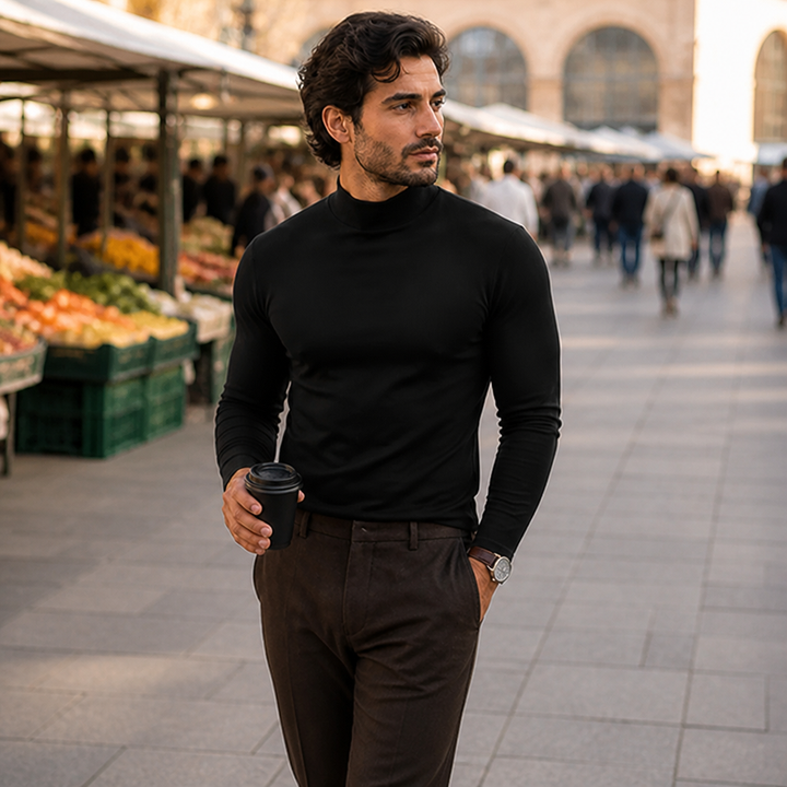 Men's slim-fit long-sleeved top with fold-over high collar