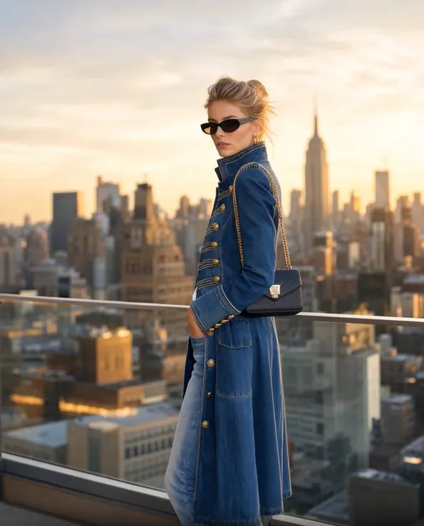Women's long military-style double-breasted coat with officer collar