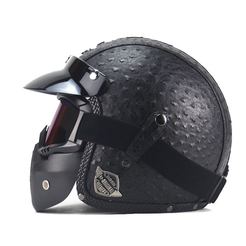 Vintage PU Leather Motorcycle Helmet with Visor and Goggle Mask