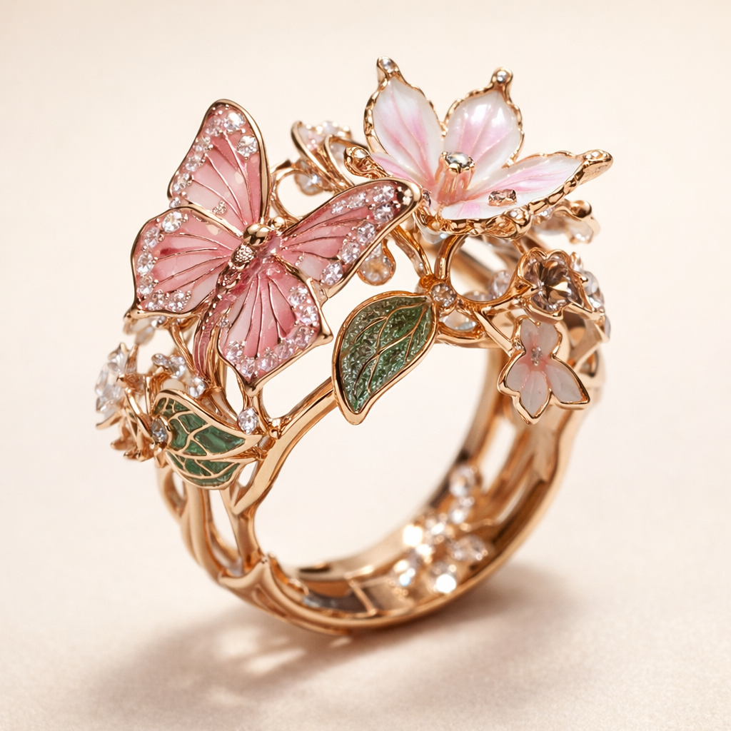 Soft gold ring with cubic zirconia butterfly