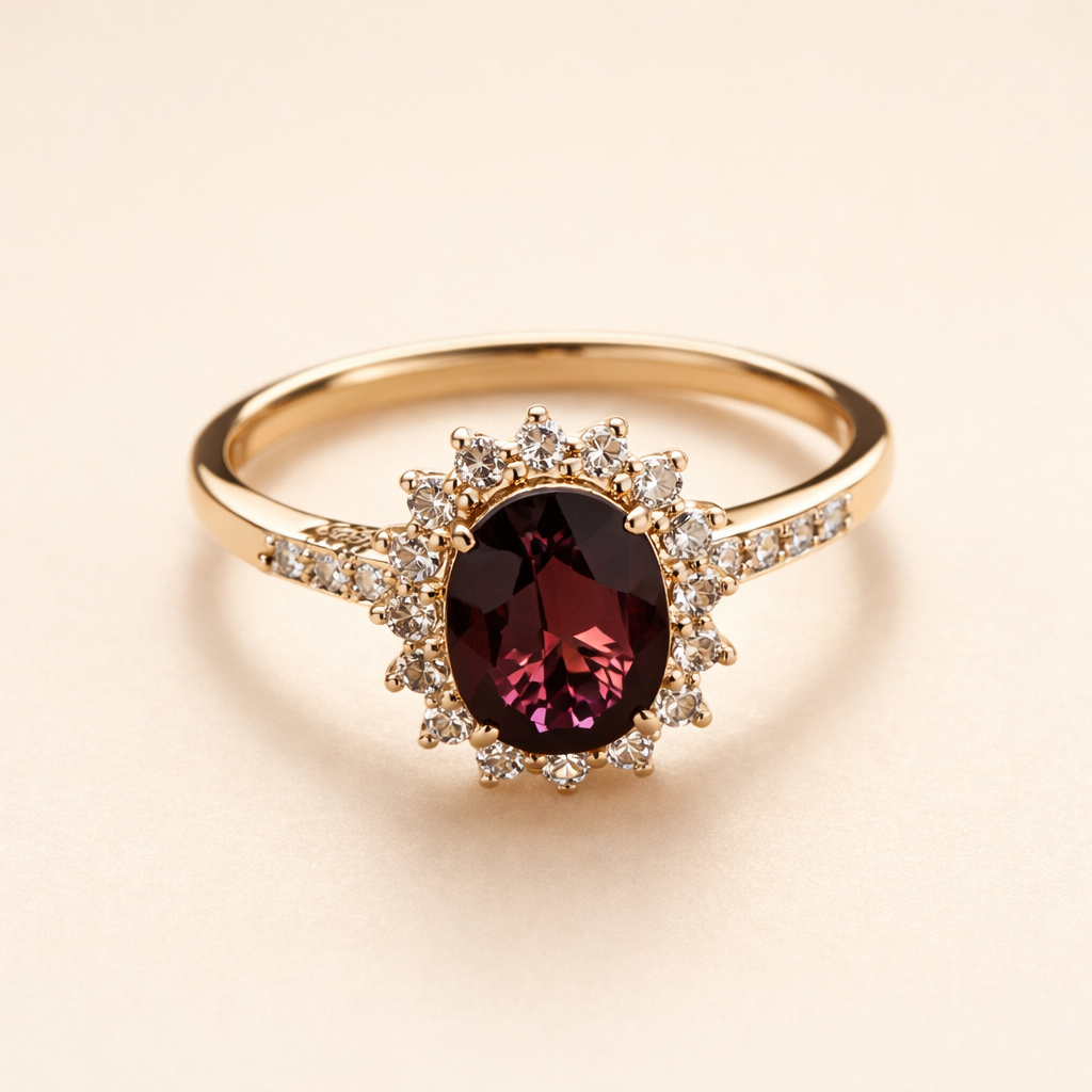 Elegant gold ring with red cubic zirconia