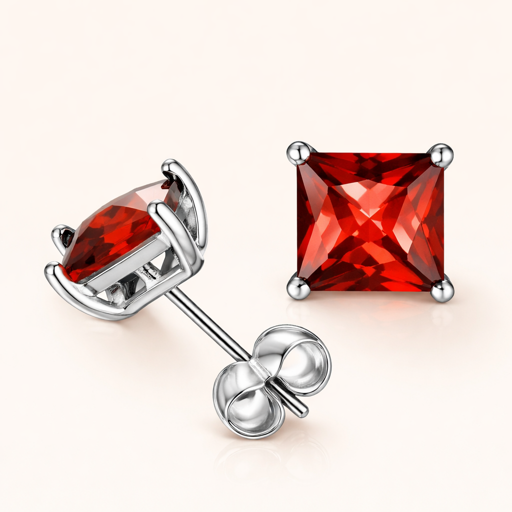 Elegant white gold earrings with princess-cut ruby