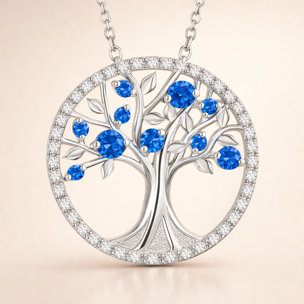 Elegant white gold pendant with sapphire and tree of life