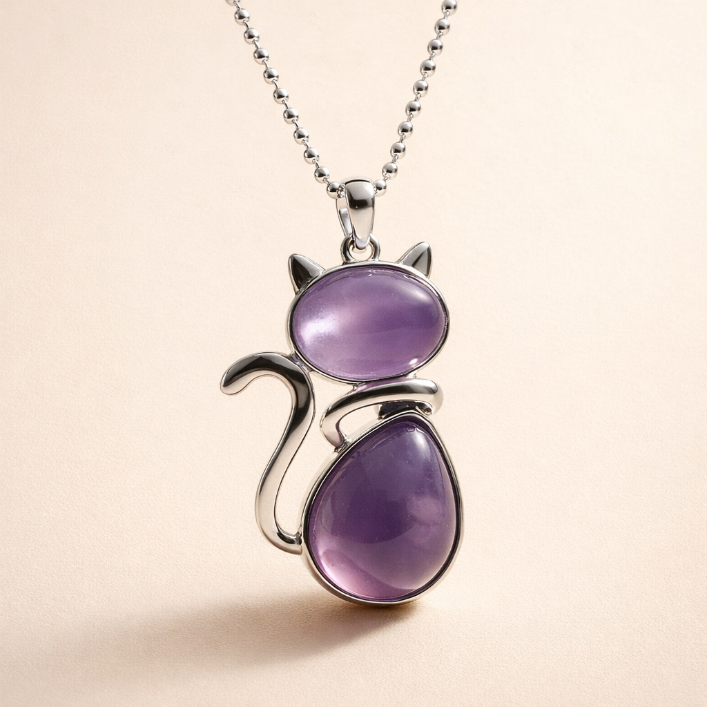 Elegant Natural Stone Necklace with Cat Pendant