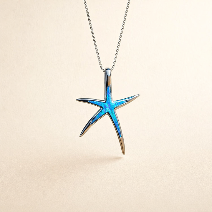 Silver necklace with blue opal and starfish detail