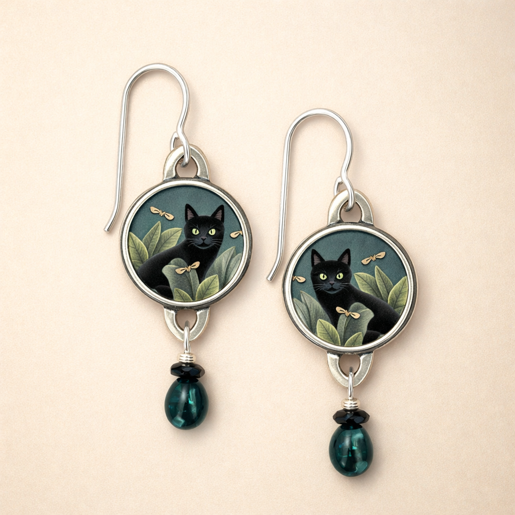 Vintage Tropical Black Cat Dangle Earrings