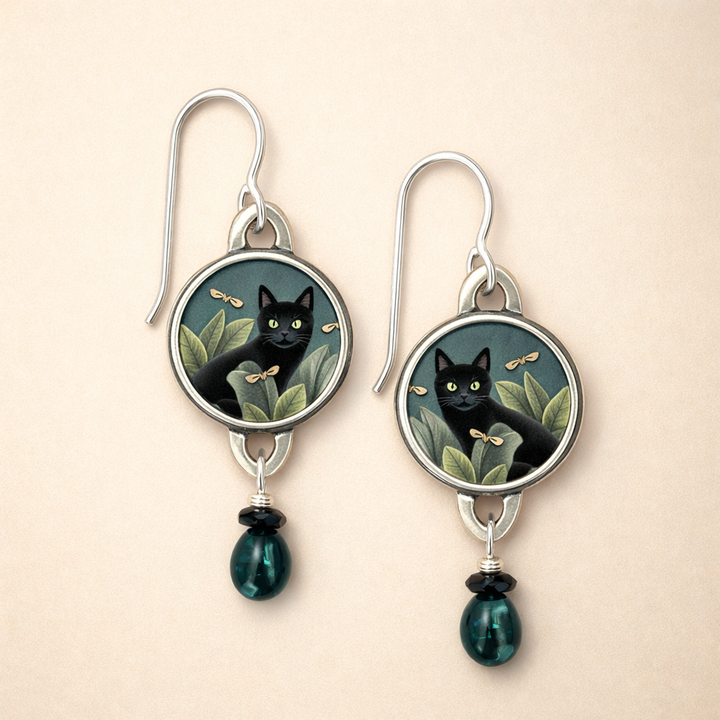 Vintage Tropical Black Cat Dangle Earrings