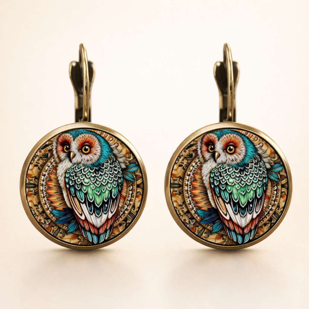 Vintage Round Crystal Owl Earrings