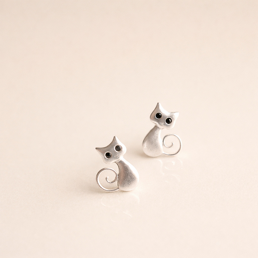 Silver Cat Stud Earrings