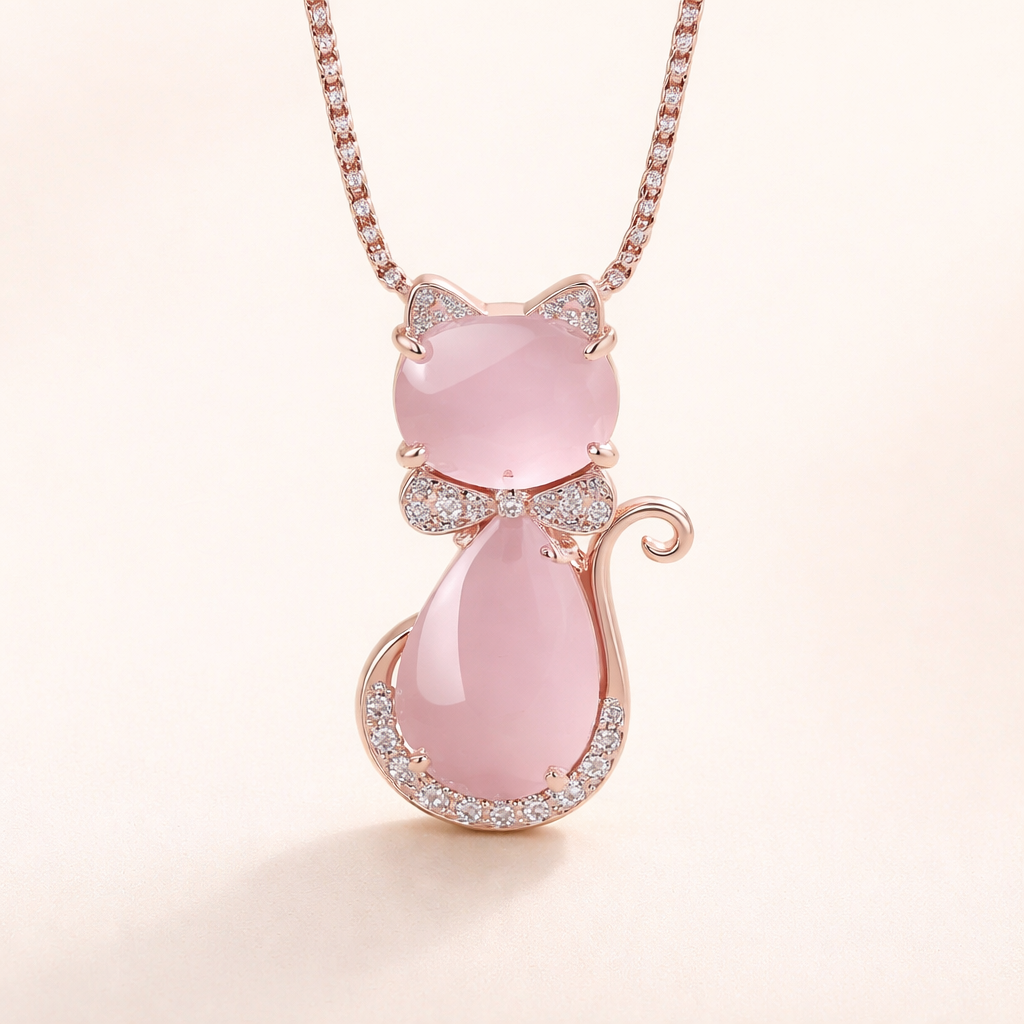 Pink stone cute cat necklace with zircon