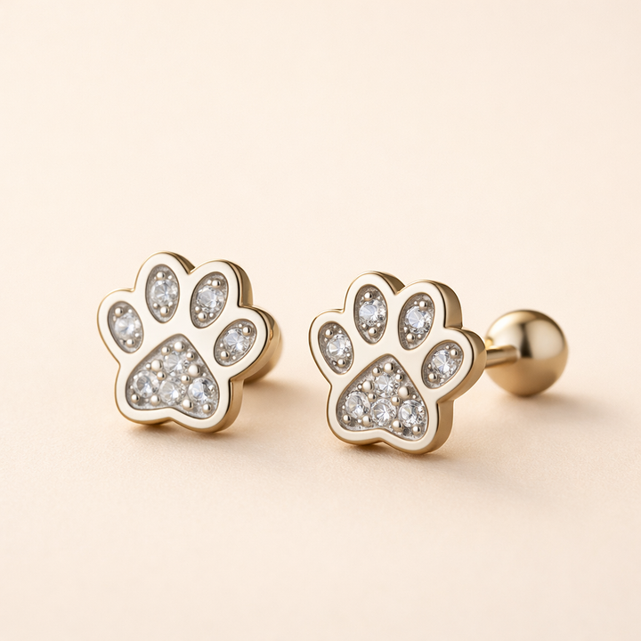 Sterling Silver Paw Print Stud Earrings – Crystal Accent