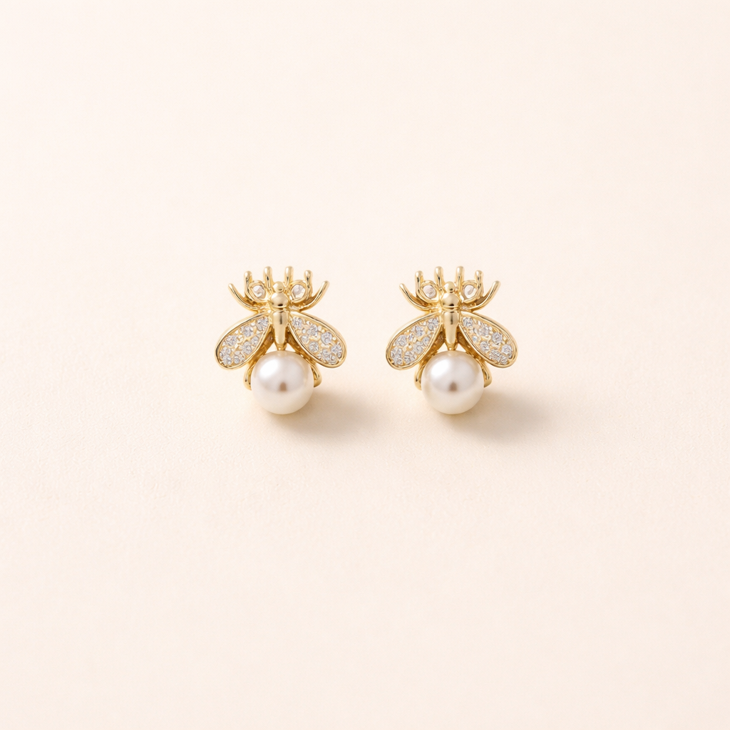 Honeybee Pearl Stud Earrings – Elegant Gold Jewelry for Women
