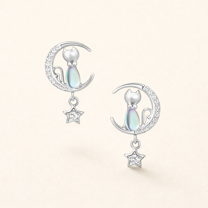 Sterling Silver Moon & Star Cat Earrings with Cubic Zirconia