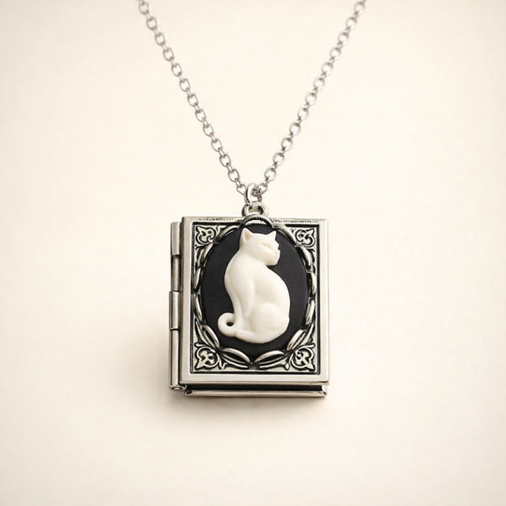 Vintage Cat Book Pendant Necklace – Rotating Page Design