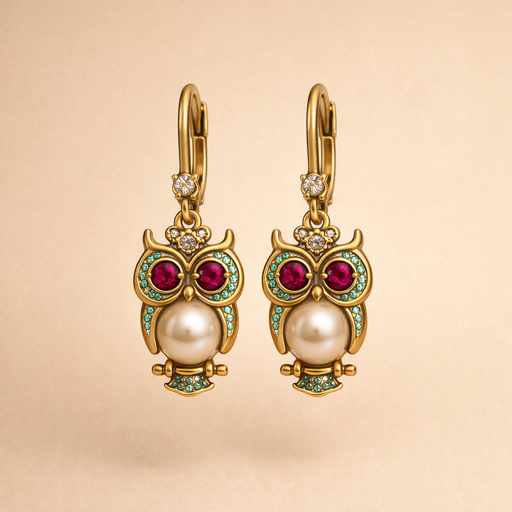 Vintage Owl Crystal Earrings – Gold-Plated, Hand-Set Crystals & Pearl Detail