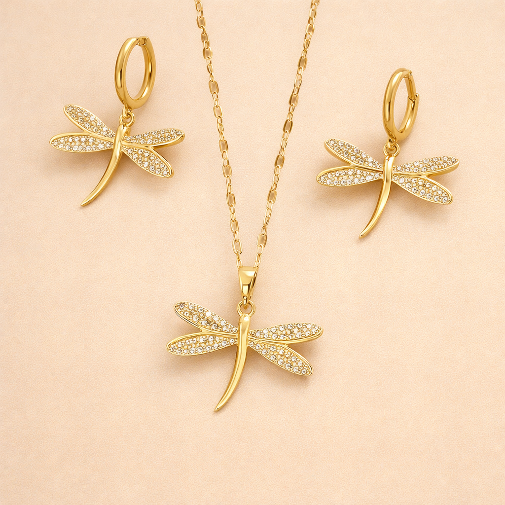 Gold Dragonfly Jewelry Necklace with Bonus Earrings