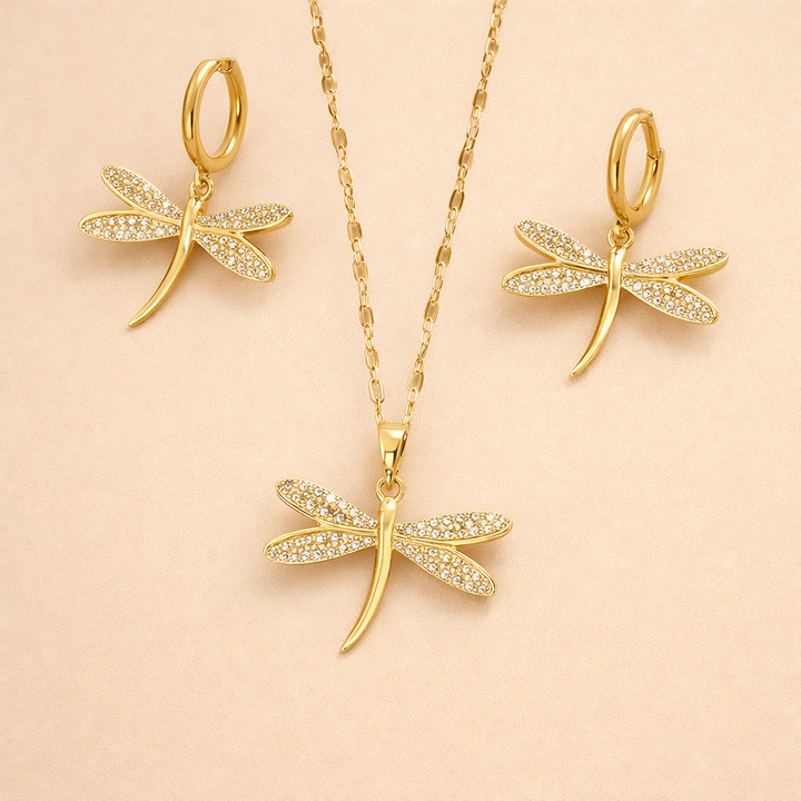 Gold Dragonfly Jewelry Necklace with Bonus Earrings