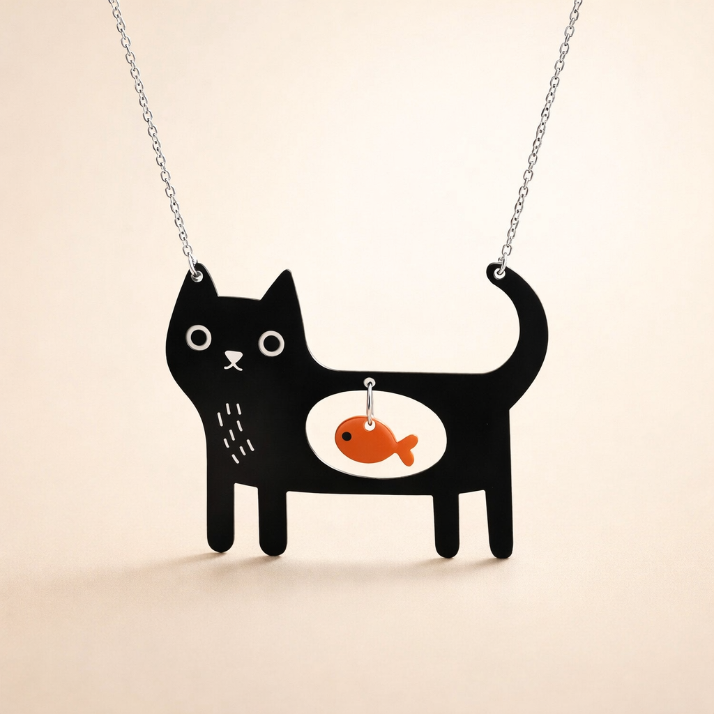 Playful Cat & Fish Acrylic Pendant Necklace