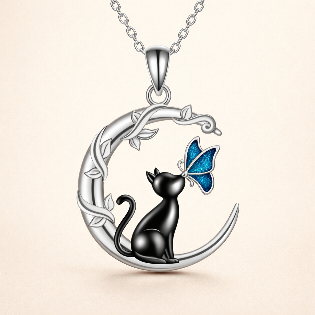 Moon Cat Butterfly Crystal Pendant Necklace