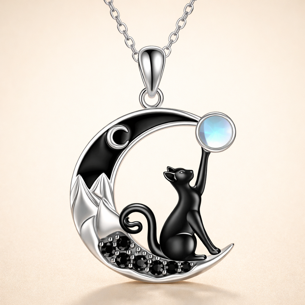 Black Cat Moon Crystal Pendant Necklace