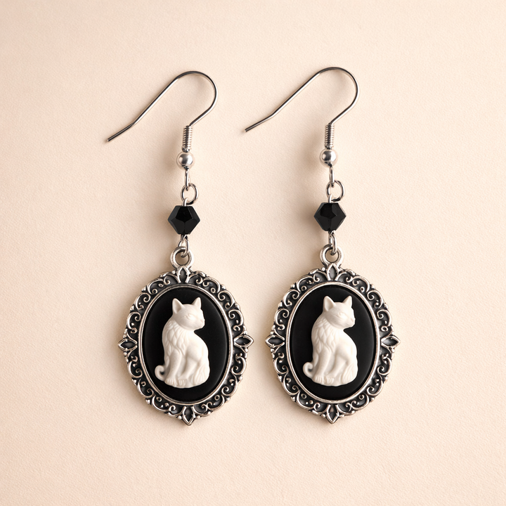 Vintage White Cat Earrings – Silver Frame Jewelry for Women