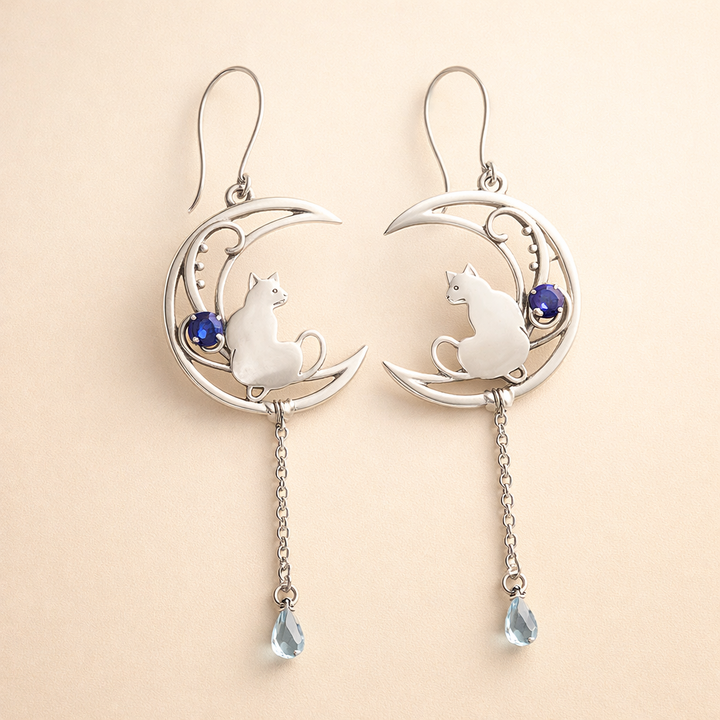 Blue Cubic Zirconia Cat Boho Earrings in Sterling Silver